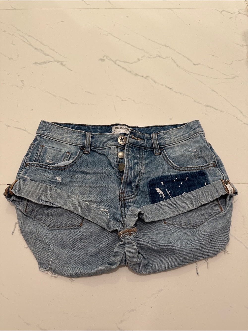 One Teaspoon Light Blue Distressed Denim Shorts with Dark Patch